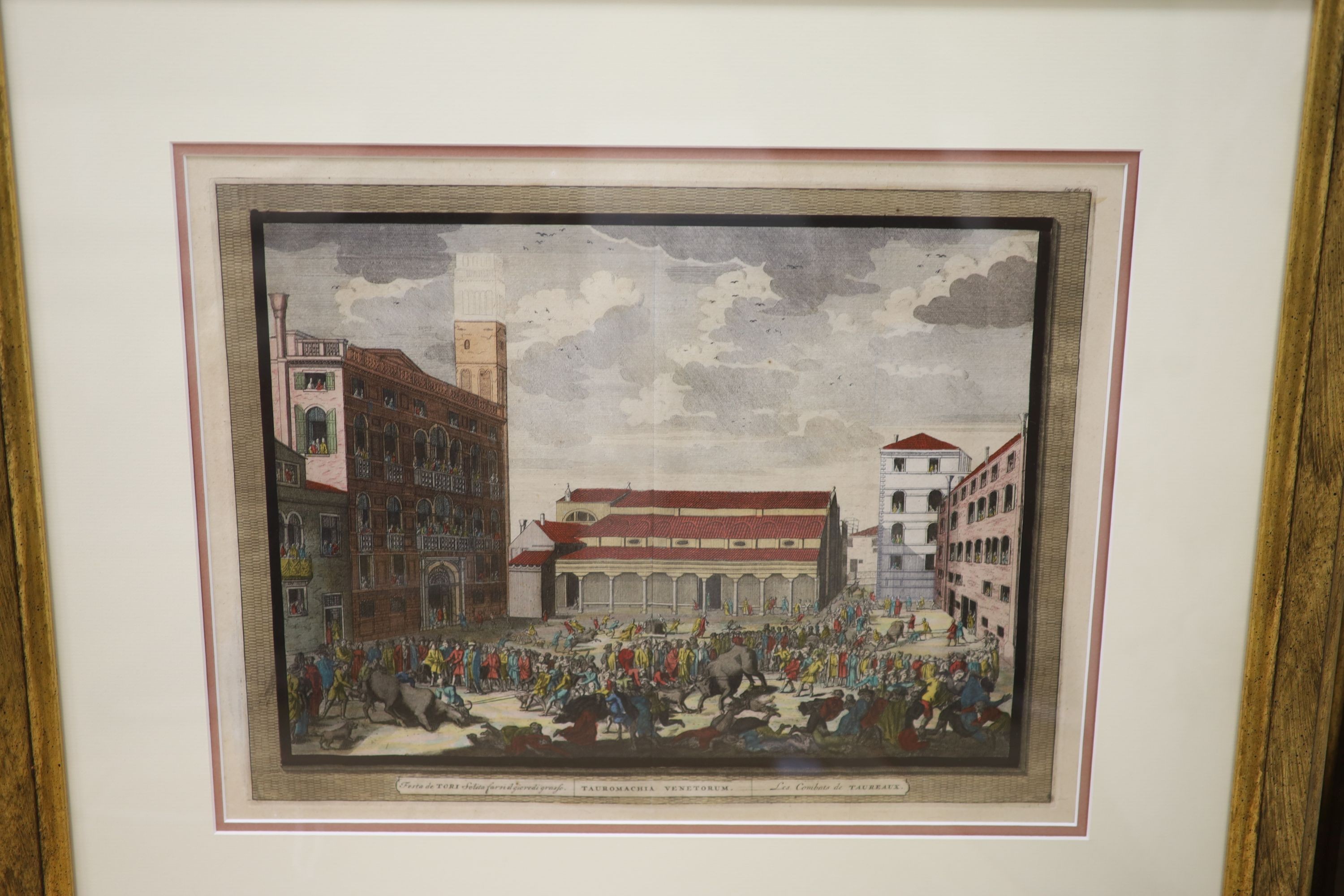 18th century Italian School, five hand-coloured engravings, Views in and around Venice, 33 x 42cm